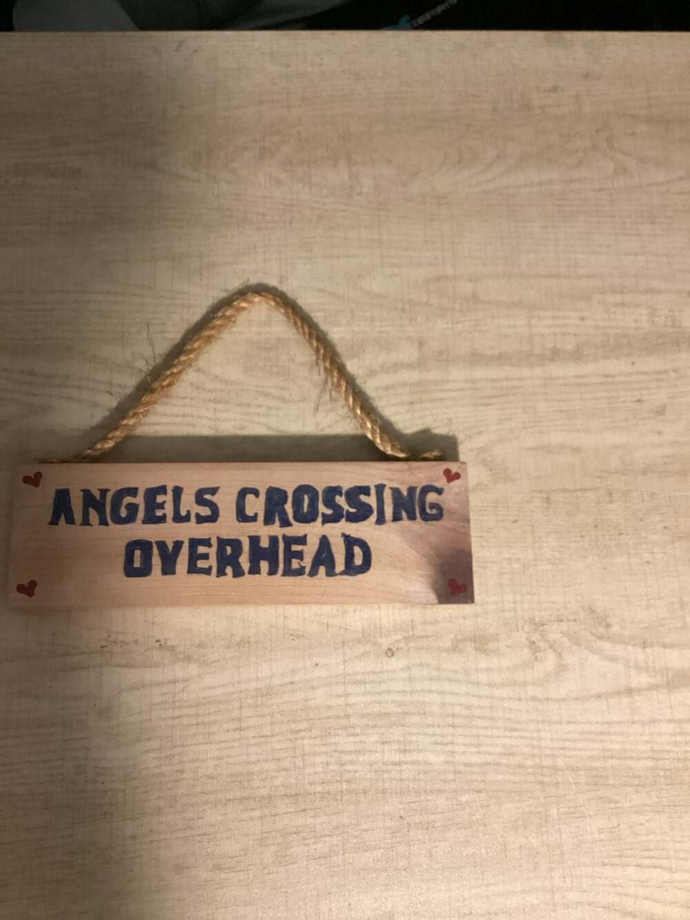 Handmade Wooden Hanging Sign Angels Crossing Overhead with Hearts